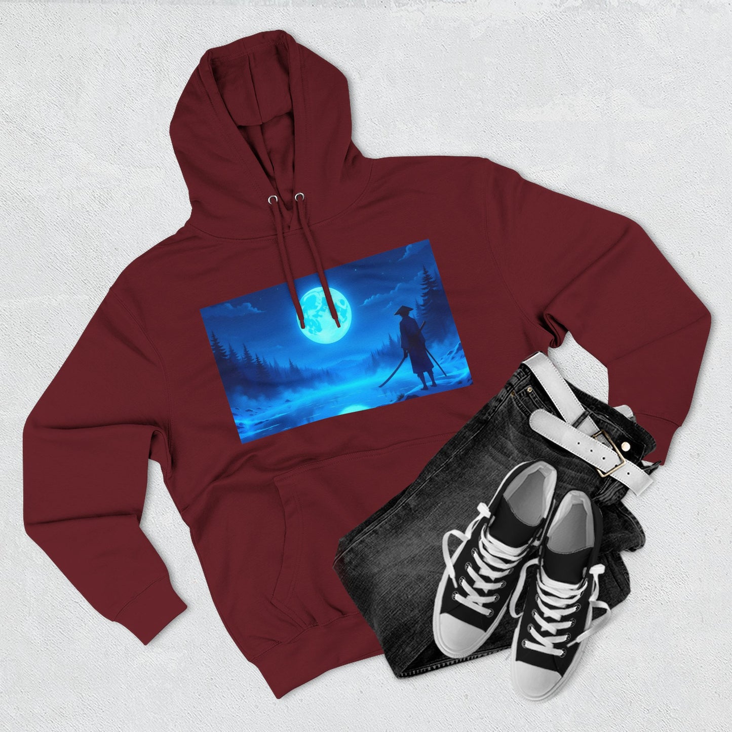 PeakChaosHQ - Moonlit Samurai Silhouette Fleece Hoodie