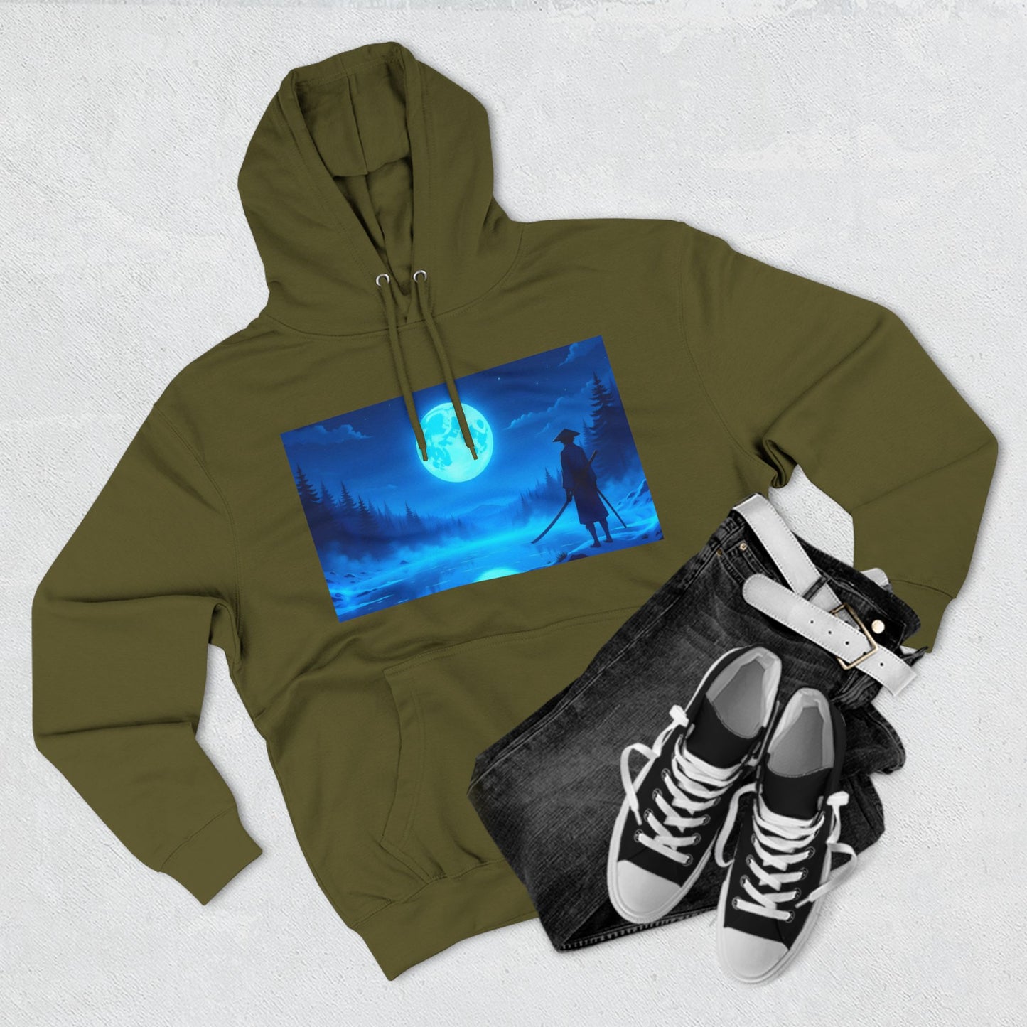 PeakChaosHQ - Moonlit Samurai Silhouette Fleece Hoodie